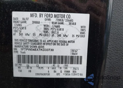 2007 Ford F-150 Fx4/Xlt z USA, uszkodzony, nr VIN 1FTPW045X7KD33730